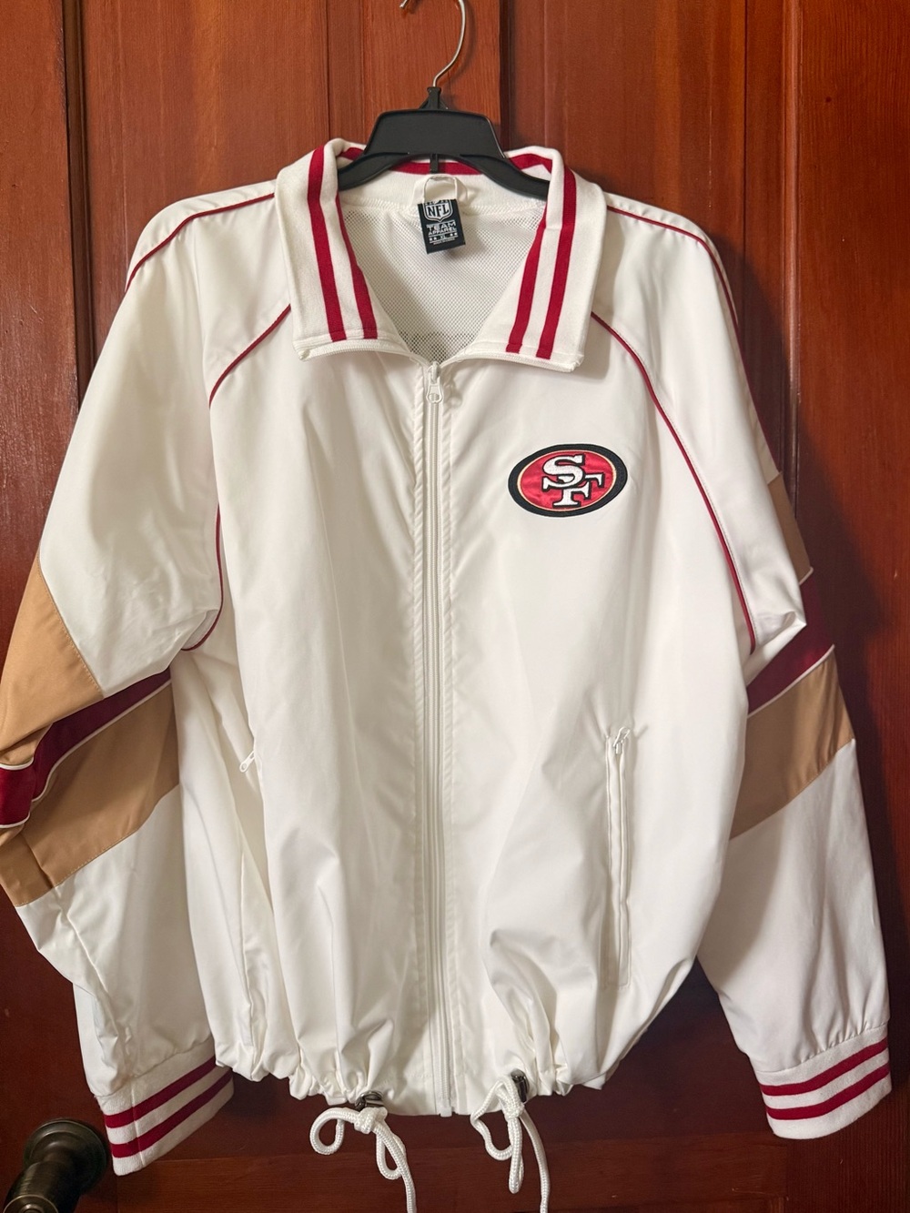 NFL White San Francisco 49ers Team Bomber Jacket with Red and Tan Trim